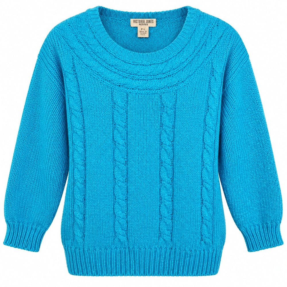 Victoria Jones Cable Knit Sweater Petites Large Blue Excellent Vintage 90s